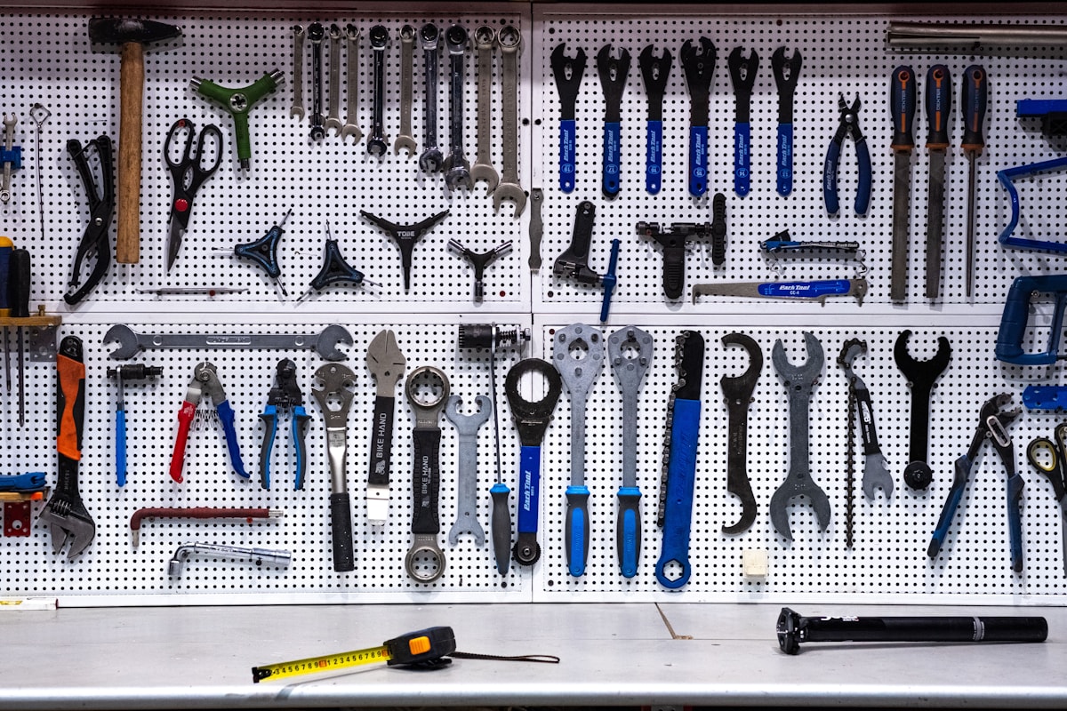Organized workshop tools on a wall